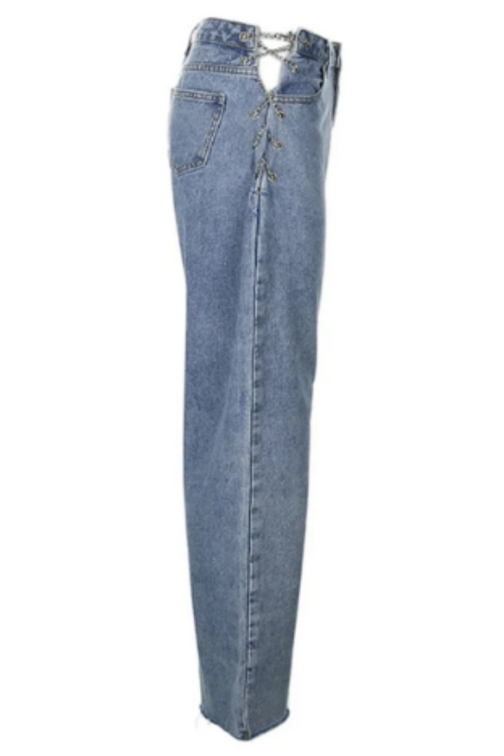 Y2K Cut Out Waist Silver Metal Chain Lace Up Detail Denim Jeans, Ankle Straight Leg High Rise Jeans