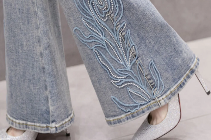 Y2K Floral Embroidered Minimalistic High Rise Denim Jeans, High Rise Flare Grey Wash Jeans