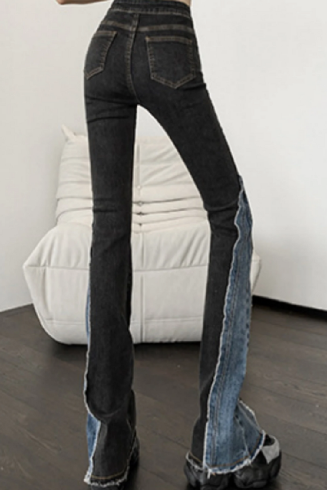 Black & Blue Wash Asymmetric Patchwork Denim Jeans, High Rise Flare Jeans