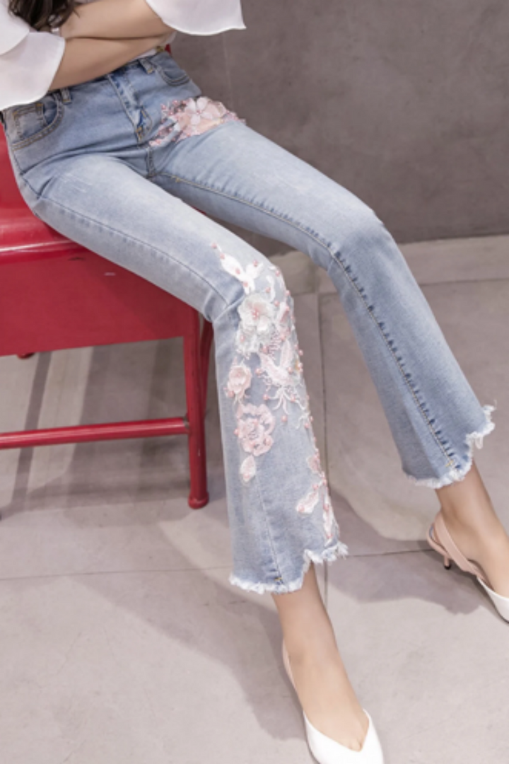 Flared Jeans, Boot Cut Jeans, Pink Floral Embellished Flare Frayed Hem Denim Jeans, High Rise Bell Bottom Ankle Length Jeans