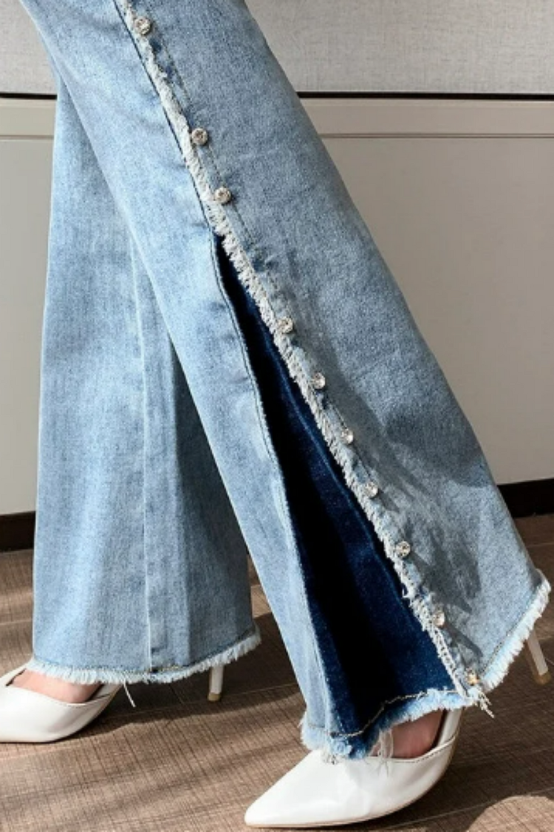 Y2K Crystal Rhinestone & Pearl Embellished Detailing Patchwork Flare Denim Jeans, Two Tone Flare, High Rise Flared Jeans