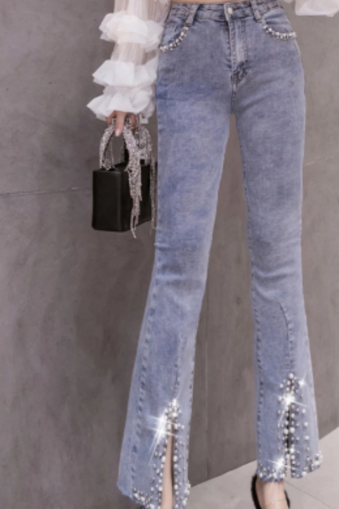 Crystal Rhinestone & Pearl Embellished High Rise Denim Jeans, Rhinestone Pocket Detail, Blue Wash Studded Straight Leg Jeans