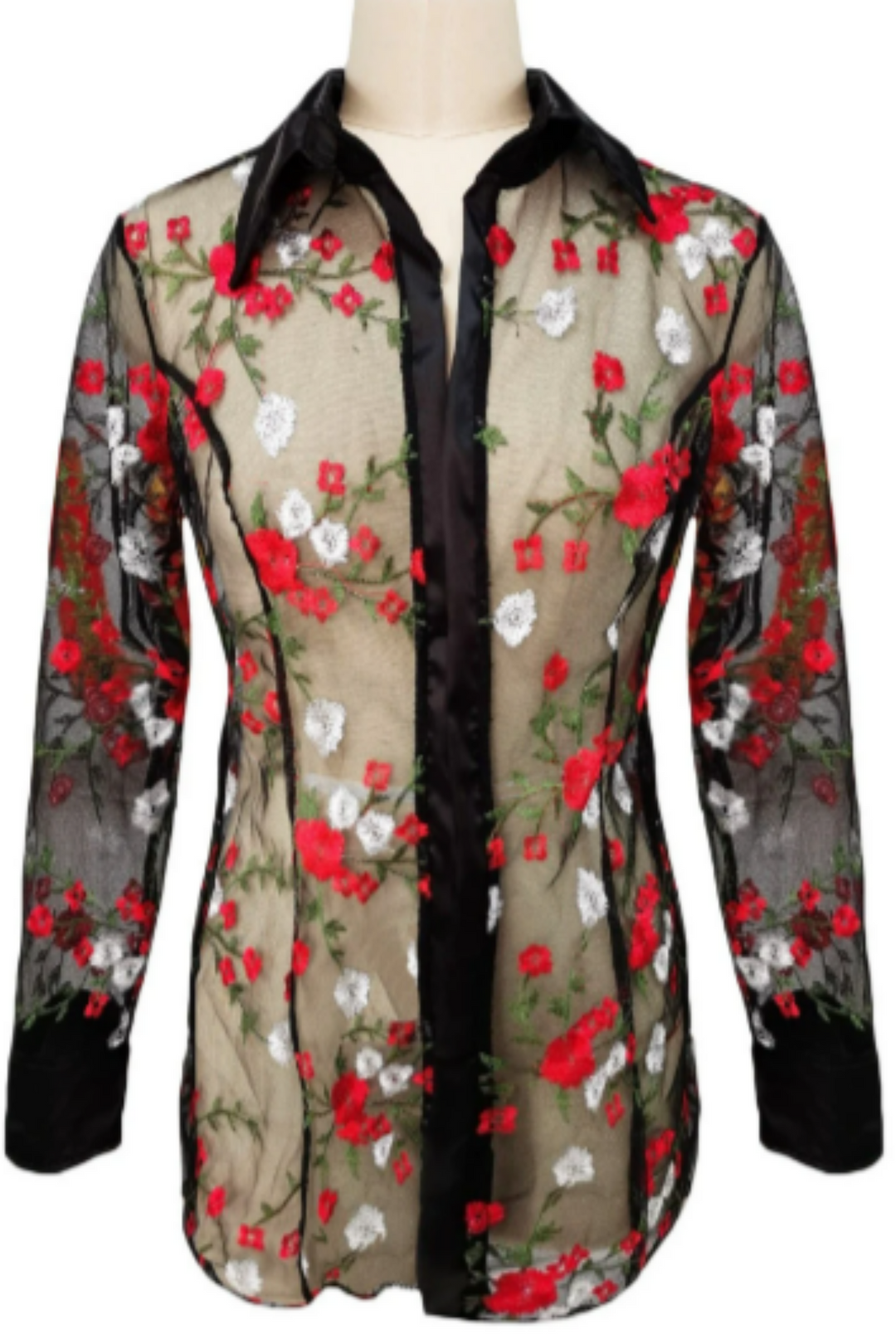 Women’s Sheer Flower Embroidery Shirt, Embroidered Blouse, Long Sleeve, Satin Detail Front Button Transparent, Mesh, See Through Sheer Shirt