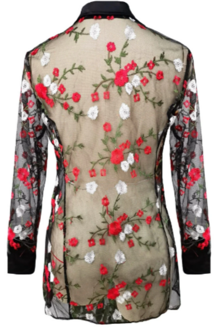 Women’s Sheer Flower Embroidery Shirt, Embroidered Blouse, Long Sleeve, Satin Detail Front Button Transparent, Mesh, See Through Sheer Shirt