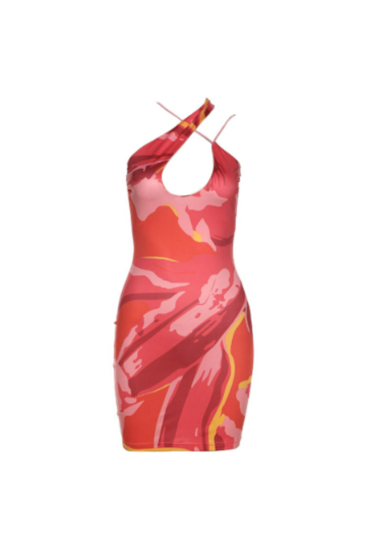 Pink & Orange Abstract Print Cut Out Bodycon Mini Dress, Sleeveless Cross Strap Halterneck, Spaghetti Strap Dress