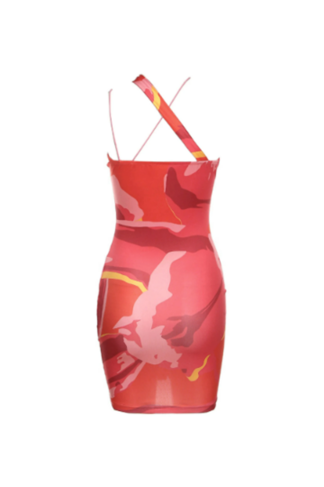 Pink & Orange Abstract Print Cut Out Bodycon Mini Dress, Sleeveless Cross Strap Halterneck, Spaghetti Strap Dress