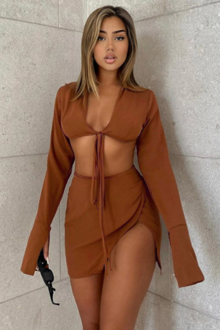 Tan Brown Two Piece Top & Skirt Set, Lacy Tie Back Cardigan Crop Top, Split-Thigh Mini Skirt, Plus Size