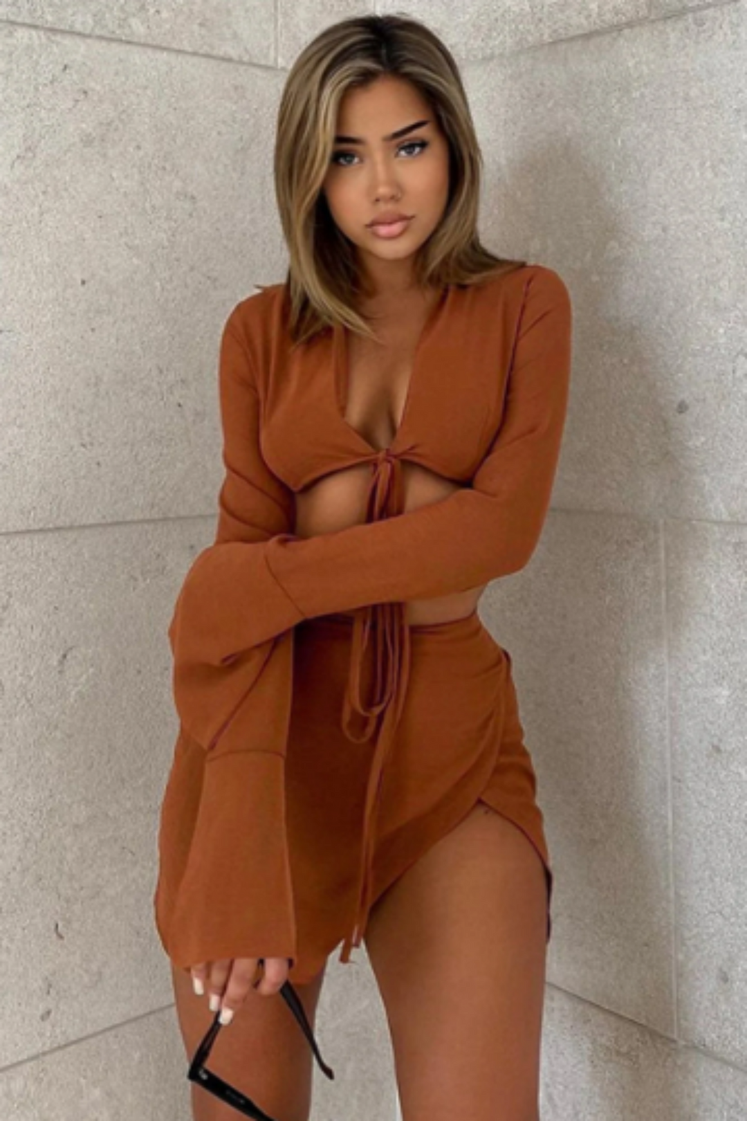 Tan Brown Two Piece Top & Skirt Set, Lacy Tie Back Cardigan Crop Top, Split-Thigh Mini Skirt, Plus Size