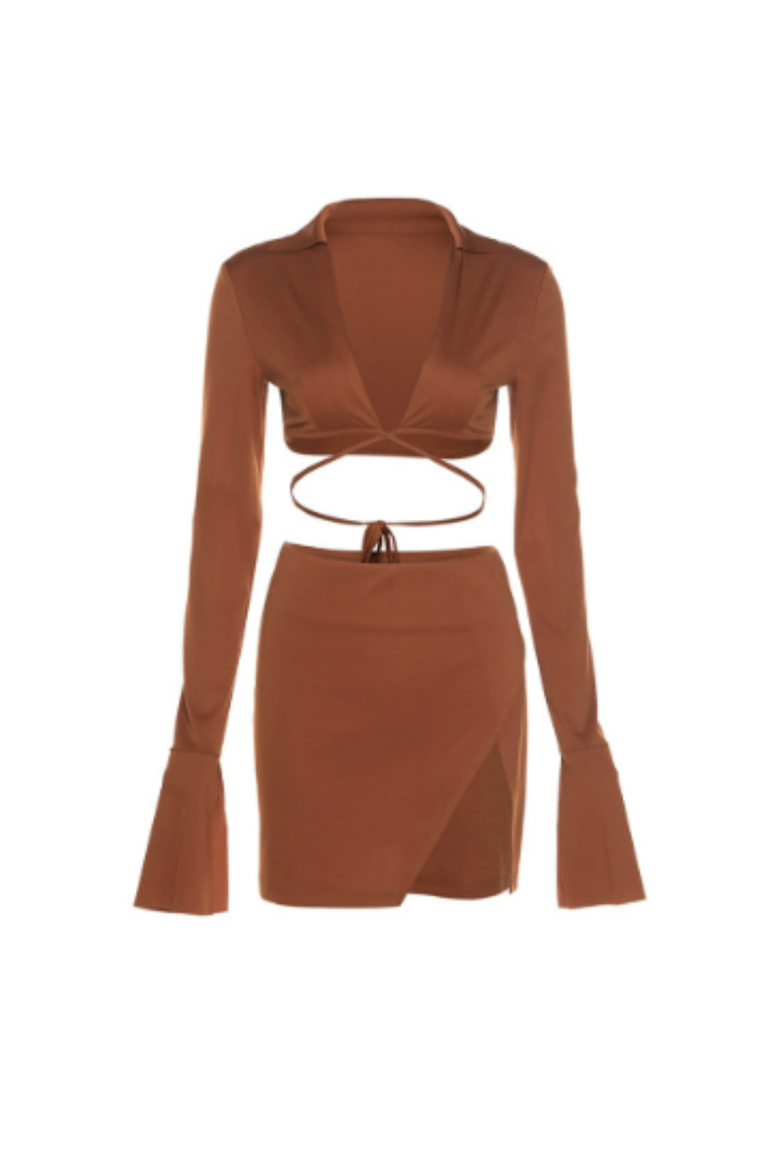 Tan Brown Two Piece Top & Skirt Set, Lacy Tie Back Cardigan Crop Top, Split-Thigh Mini Skirt, Plus Size