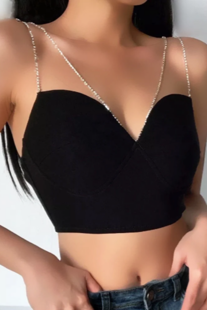 Rhinestone Crystal Spaghetti Strap Plunge Black Crop, Backless Cropped Tee