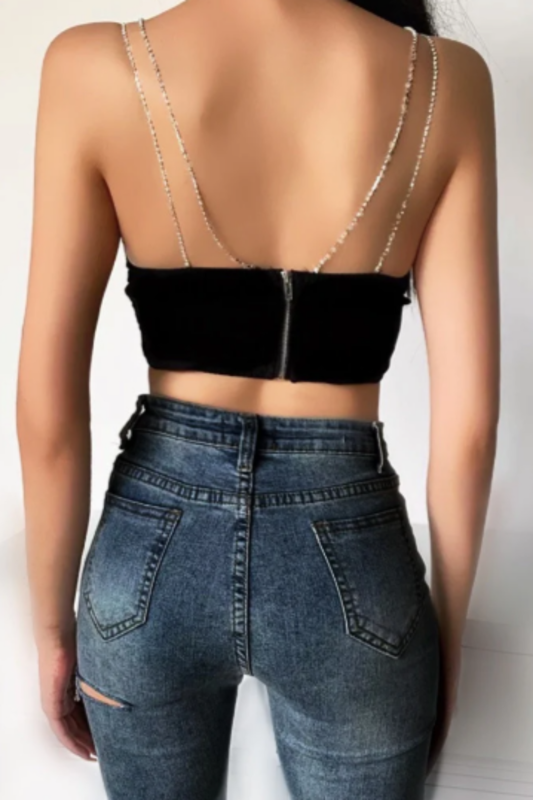 Rhinestone Crystal Spaghetti Strap Plunge Black Crop, Backless Cropped Tee