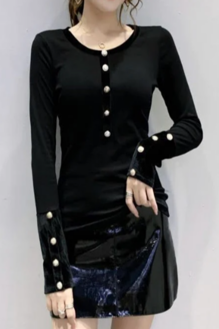 Crimson Rebel Black Velvet Cuffed Metal Button Long Sleeve Tee - Hayati London