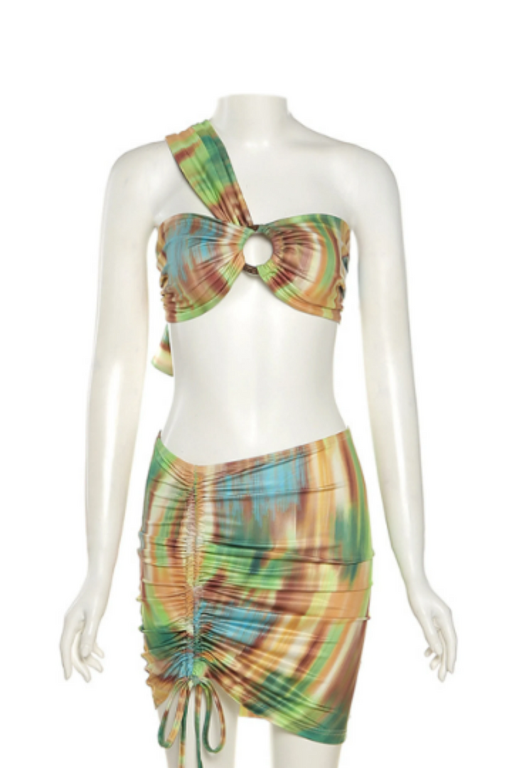 Green and Orange Abstract Print Two Piece Top & Skirt Set, O-Ring Cut Out One Shoulder Crop Top, Drawstring Mini Skirt, Plus Size