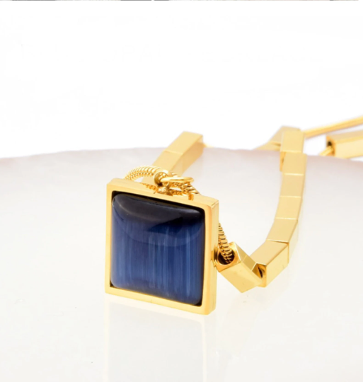 Gold Necklace, Blue Stone Geometric Pendant, Adjustable Chain