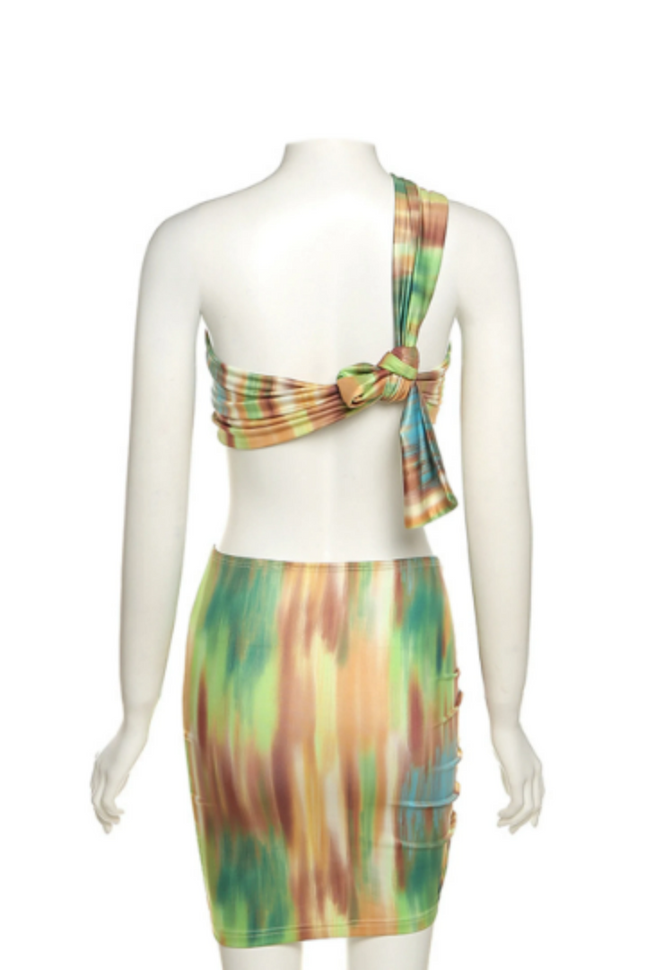 Green and Orange Abstract Print Two Piece Top & Skirt Set, O-Ring Cut Out One Shoulder Crop Top, Drawstring Mini Skirt, Plus Size