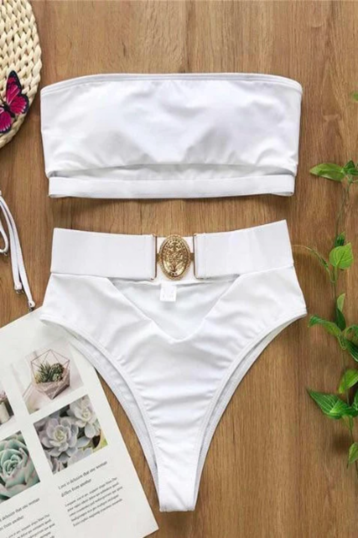 Monochrome High Waist Bikini, Swimwear, Adjustable Strap, White, Black Cut-out Style, Swimsuit, Swimming Costume [Please see size guide pic] - Hayati London