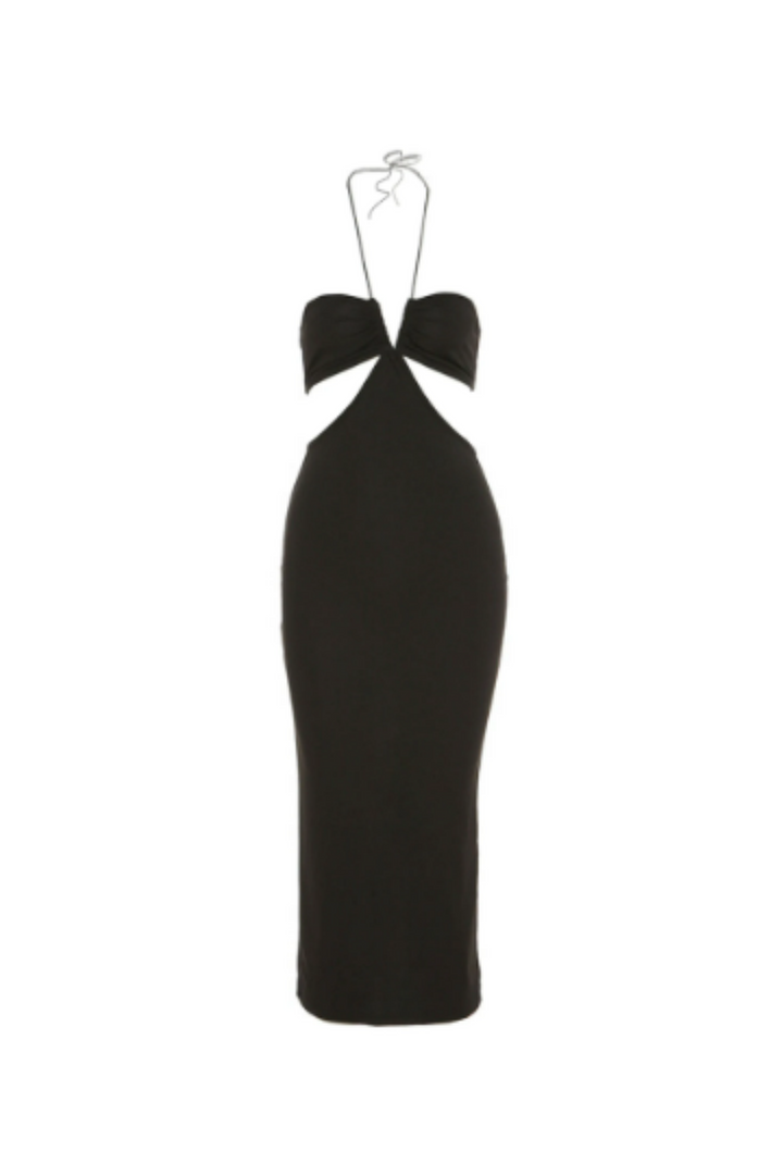 Cut Out Waist Split Halterneck Maxi Dress, Spaghetti Strap Tie-Back, Plunge V-Neckline, Available in Black & White