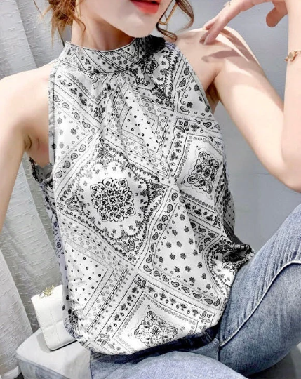 Pretty Block Print Sleeveless Top, Black or White, Summer Top, Bandana Print Halter-neck Blouse