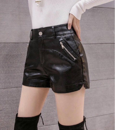 Black High Waist Faux Leather Shorts, Hot Pants