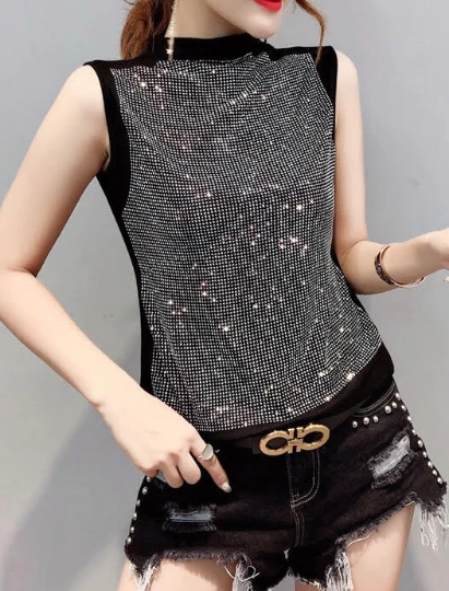 Black Top, sparkling rhinestone crystals, Black Sleeveless Top, Comfortable Stretch Fabric