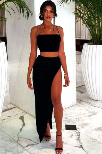 Black Spaghetti Strap Square Neck Crop Top, Maxi Skirt Slit Hem, Black Two Piece Co ord Set