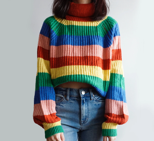 Jumper, Long Sleeve, Striped, Rainbow Striped Top, Turtleneck, Knitted Sweater, Pullover