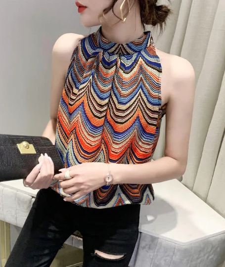 Classy Striped Colorful Sleeveless Top, Halter-neck Blouse, Summer Top