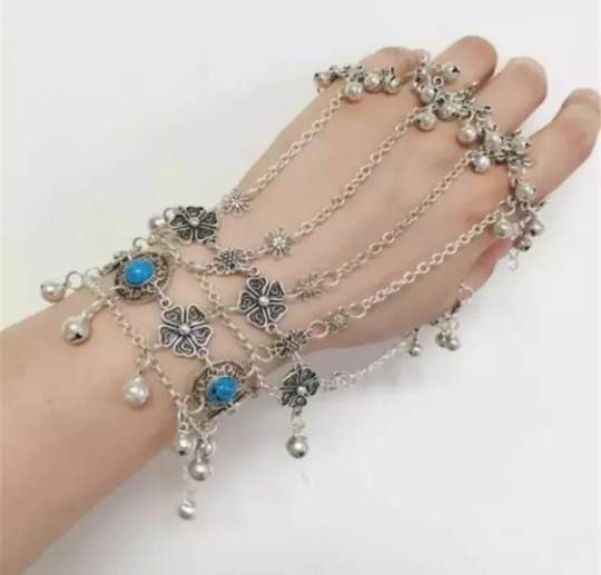 Bohemian 5 Ring Hand Bracelet with Blue Beads and Bells, Gipsy, Ethnic Style