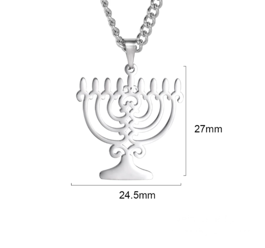 Hanukkah Candles, Hanukkah Menorah Lamp Stand, Religious Pendant Necklace in Silver, Hanukkah Candelabra Necklace