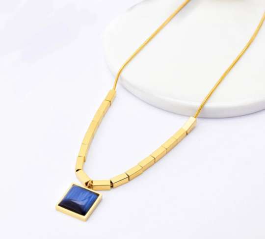 Gold Necklace, Blue Stone Geometric Pendant, Adjustable Chain