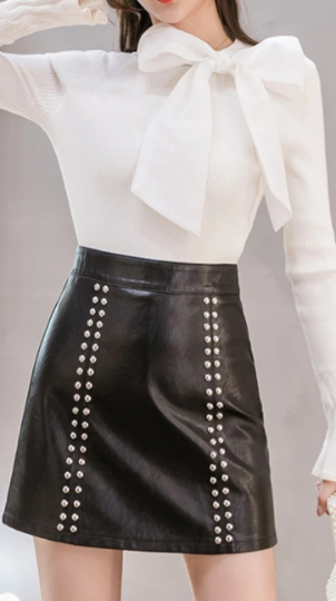 Black High Waist Studded Faux Leather Skirt, Short Black Mini Skirt