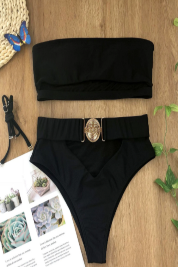 Monochrome High Waist Bikini, Swimwear, Adjustable Strap, White, Black Cut-out Style, Swimsuit, Swimming Costume [Please see size guide pic] - Hayati London