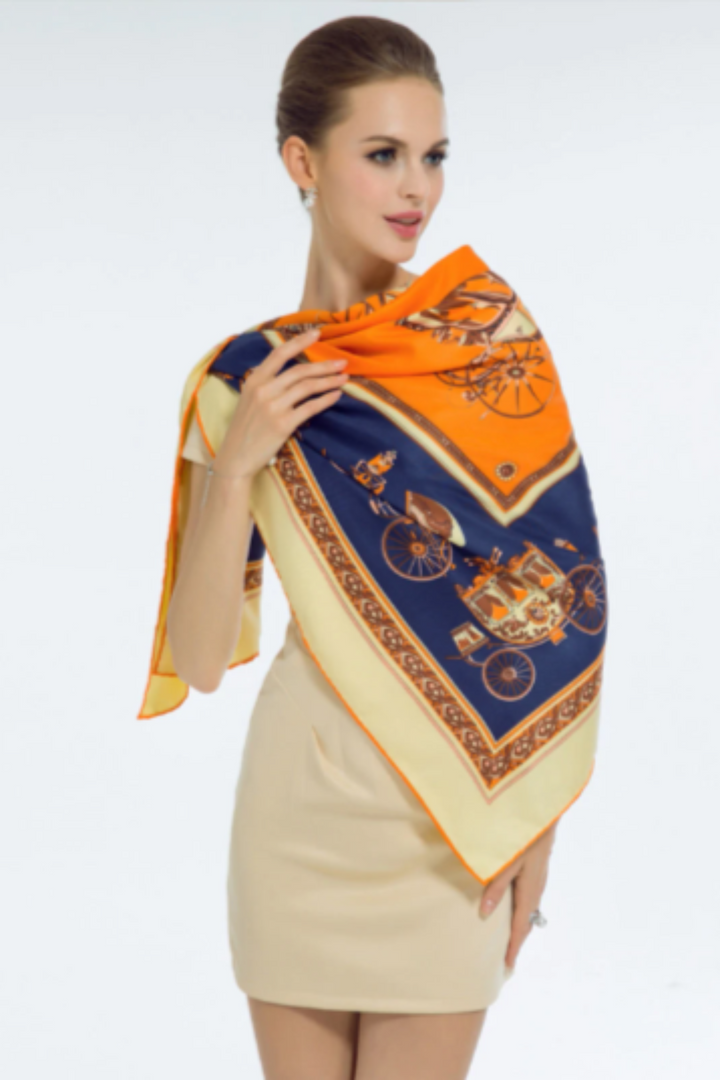 Luxury Twill Silk Scarf Shawl For Women Horse Carriage. [130cm*130cm] - Hayati London