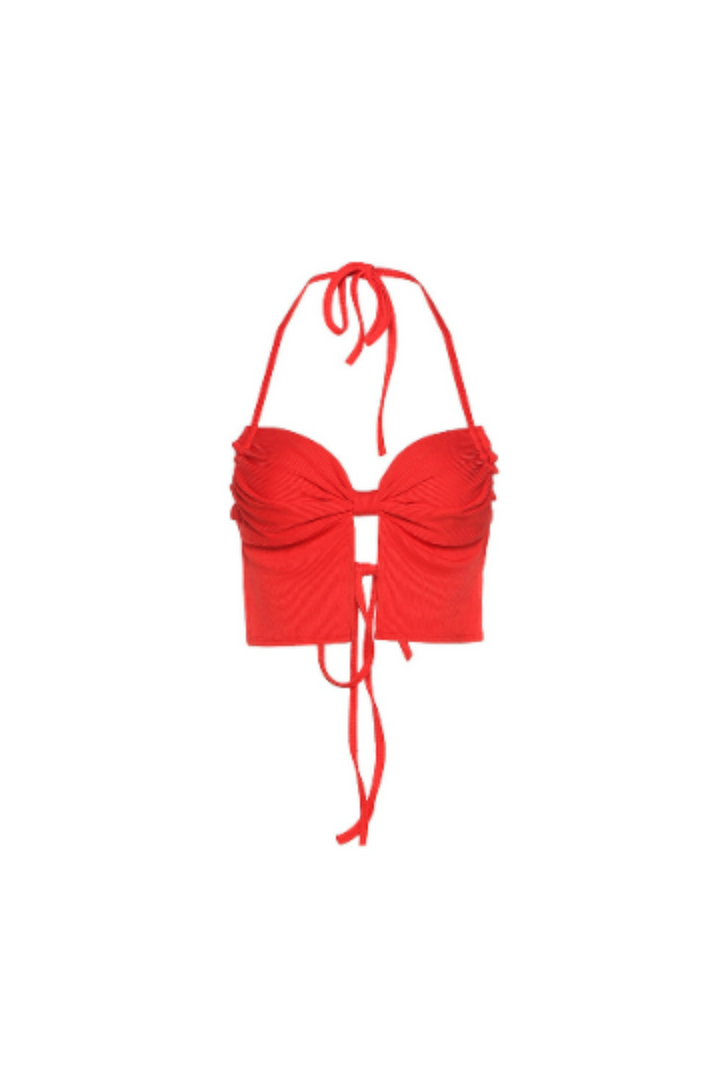 Butterfly Red Backless Split Front Crop Top, Spaghetti Strap Crop Top, Halter Plunge Neckline, Y2K Crop Top