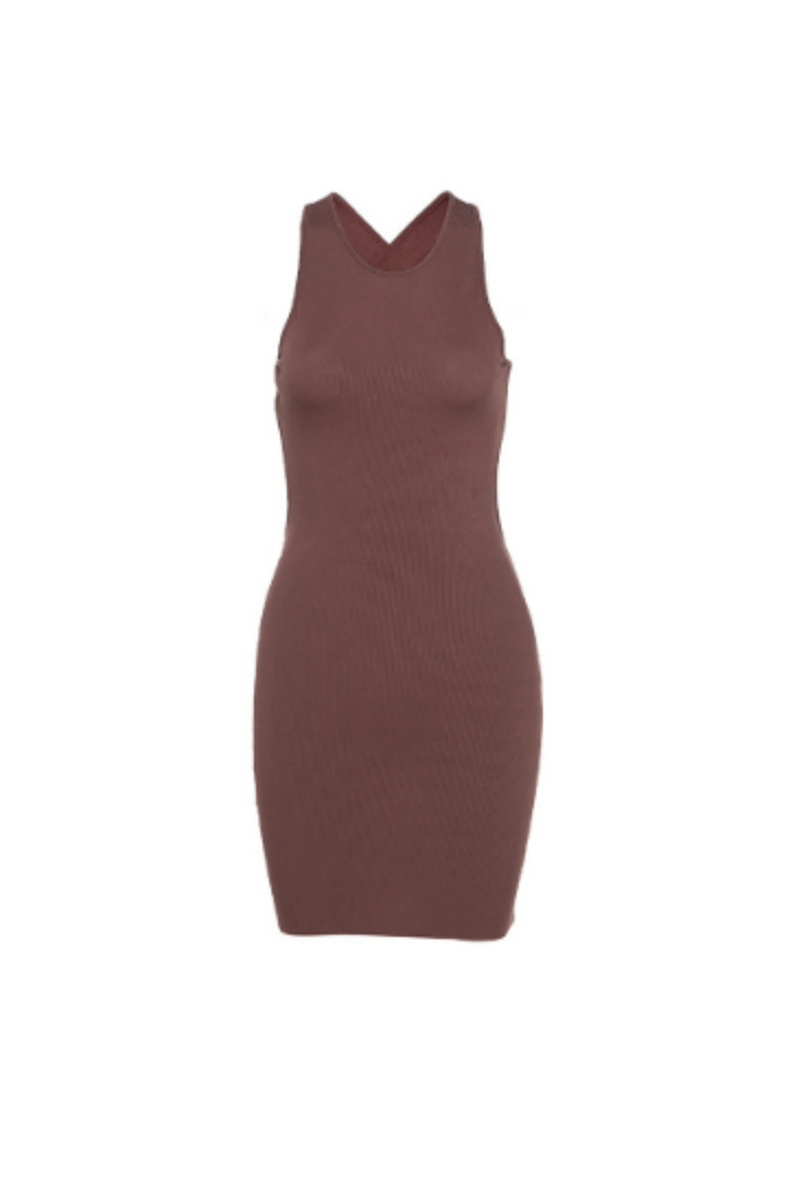 Burgundy Brown Halter Neck Cross Strap Backless Bodycon Mini Dress, Ribbed Jersey Material