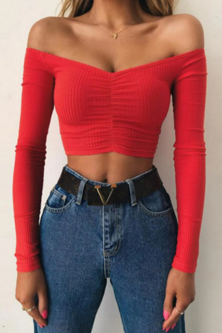 Off Shoulder Long Sleeve Crop Tee, Ribbed Jersey Material, Available in Red, Black, White