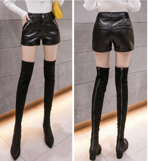 Black High Waist Faux Leather Shorts, Hot Pants