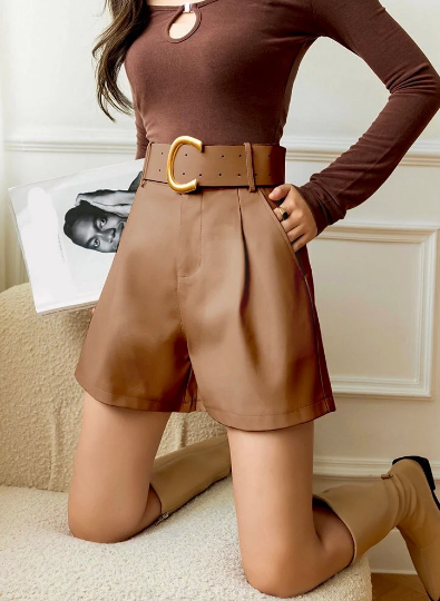 High Waist Faux Leather Shorts, Hot Pants, Shorts with Pockets, Leather Look Tan Shorts