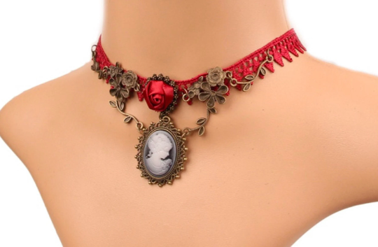 Red Lace Cameo Choker Necklace jewelry, Women Gothic Victorian Red Lace, Gold, Pendant Ladies Jewellery Collar Steampunk, Fashion Cameo