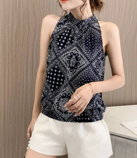 Pretty Block Print Sleeveless Top, Black or White, Summer Top, Bandana Print Halter-neck Blouse