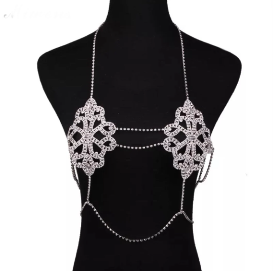 Rhinestone Bra Necklace Body & Belly Chain, y2k Bralette and Bikini Accessories, Silver Body Chains