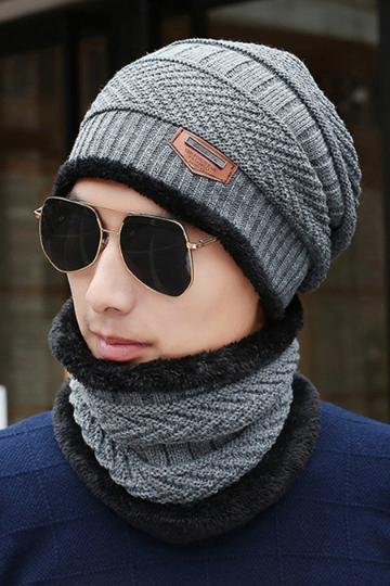 Men's Two Piece Hat & Scarf Set, Label Patch Knit Beanie, Infinity Scarf, Women's Winter Hat, Available in Carbon Black and Stone Grey