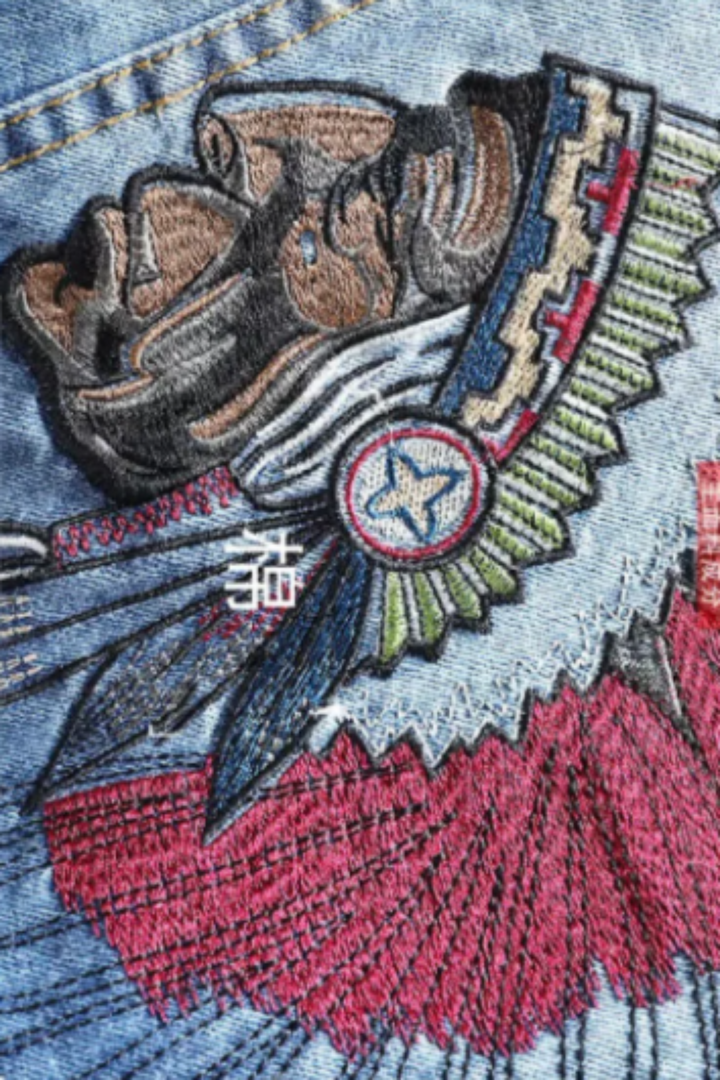 Men's Denim Jacket Indian Chief Embroidery Retro Hip Hop Punk Bohemian with back detail [SIZE: Size M for Baggy Fit; Size L for Comfy Fit]