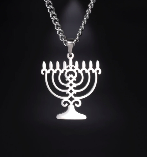 Hanukkah Candles, Hanukkah Menorah Lamp Stand, Religious Pendant Necklace in Silver, Hanukkah Candelabra Necklace