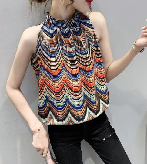 Classy Striped Colorful Sleeveless Top, Halter-neck Blouse, Summer Top