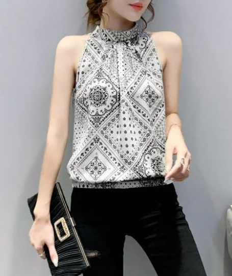 Pretty Block Print Sleeveless Top, Black or White, Summer Top, Bandana Print Halter-neck Blouse