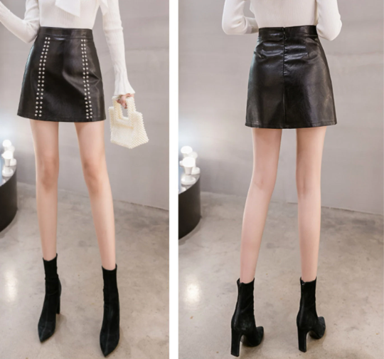 Black High Waist Studded Faux Leather Skirt, Short Black Mini Skirt