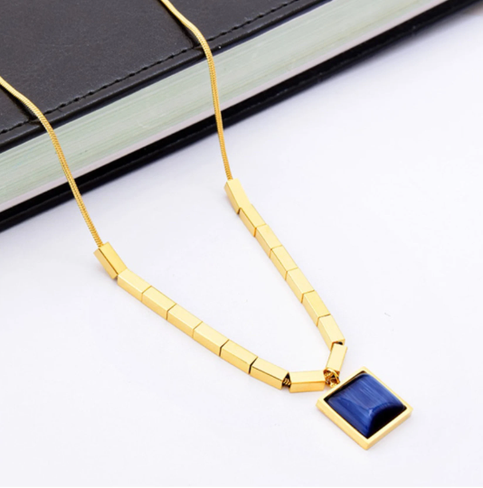 Gold Necklace, Blue Stone Geometric Pendant, Adjustable Chain