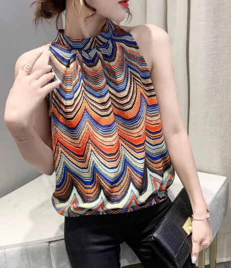 Classy Striped Colorful Sleeveless Top, Halter-neck Blouse, Summer Top