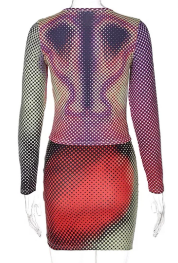 Multicolor Dot Body Print Bodycon Two Piece Top & Skirt Set, Purple & Black Color